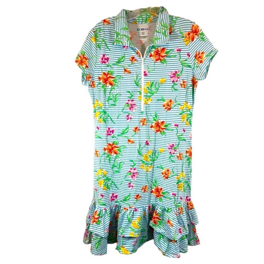 IBKUL LADIES polo shirt DRESS MEDIUM blue green white TENNIS Cooling Coquette